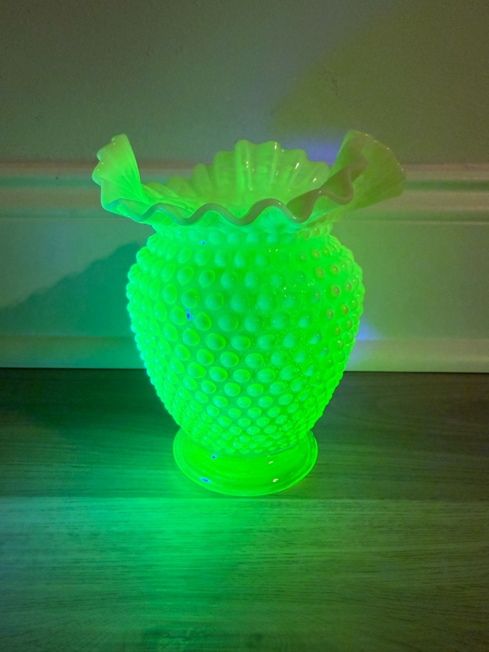 Uranium Vaseline Glass Hobnail Vase with Ruffled Rim